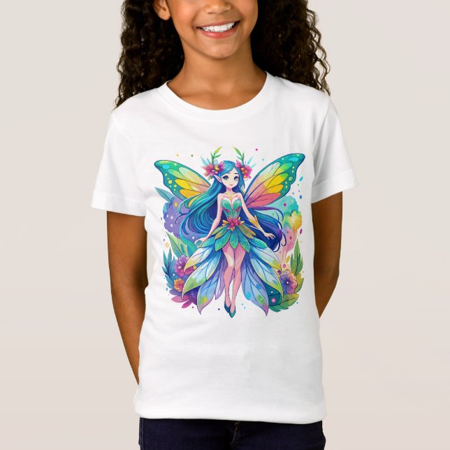 Vibrant Watercolor Fairy med Rainbow Vingar T Shirt (Framsida)