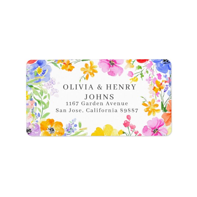 Vibrant Watercolor Flowers Bröllop Returadress Adressetikett (Framsidan)