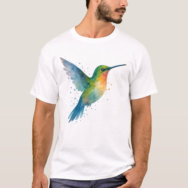 Vibrant Watercolor Hummingbird in Flight T Shirt (Framsida)