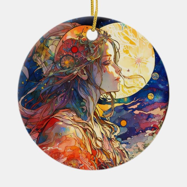 Vibrant Watercolor of Girl and Måne Ornament (Framsidan)