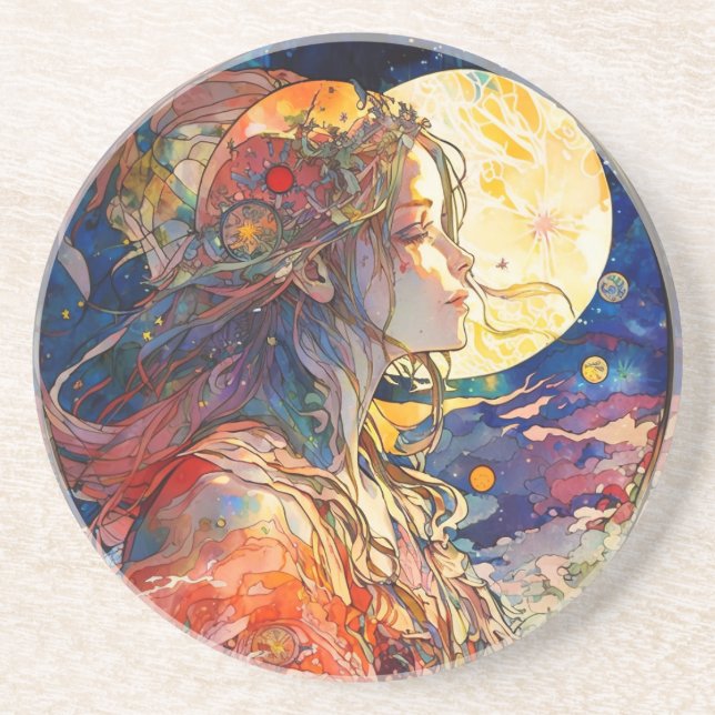 Vibrant Watercolor of Girl and Måne Underlägg (Framsidan)