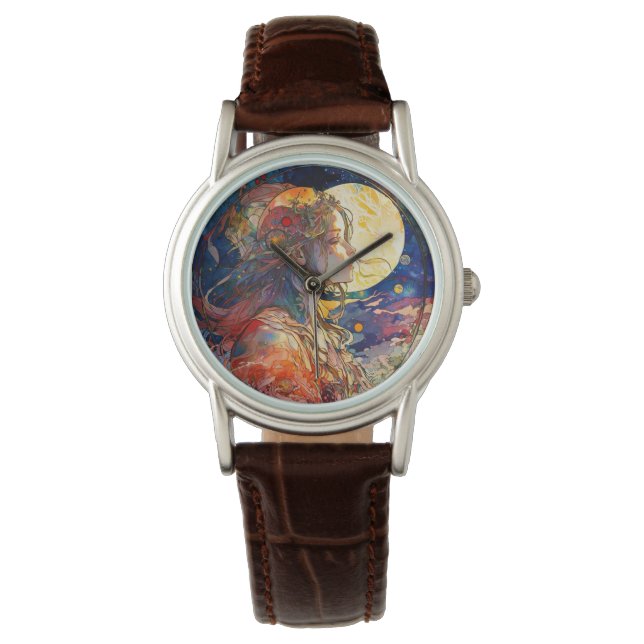 Vibrant Watercolor of Girl and Måne Watch Watch Armbandsur (Framsida)