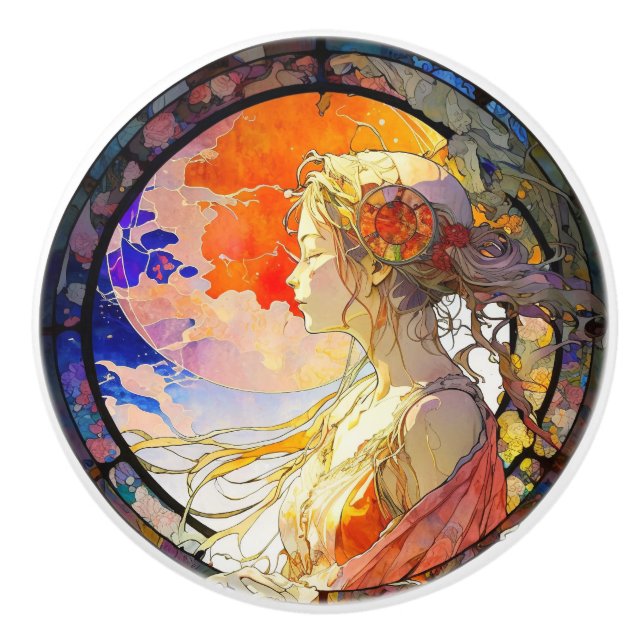 Vibrant Watercolor of Girl Ceramic Knob Knopp (Framsidan)