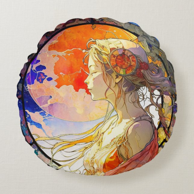 Vibrant Watercolor of Girl Round Pillow Rund Kudde (Framsidan)