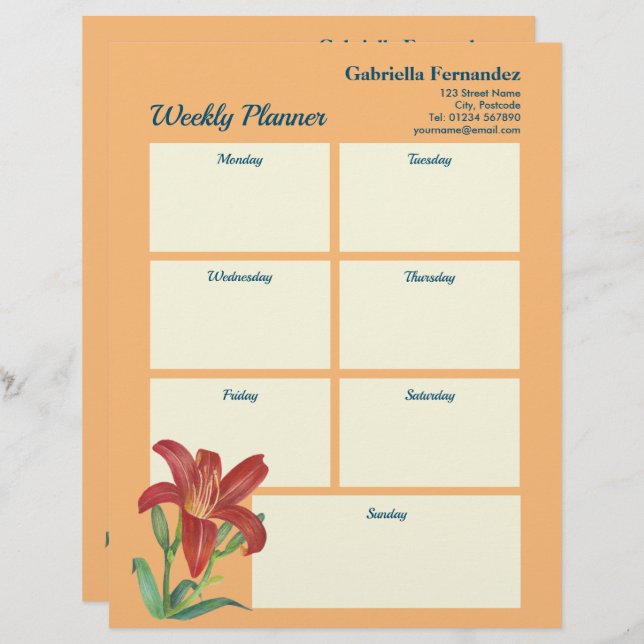 Vibrant Watercolor Orange Lily Vecka Planner Brevhuvud (Fram/baksida)