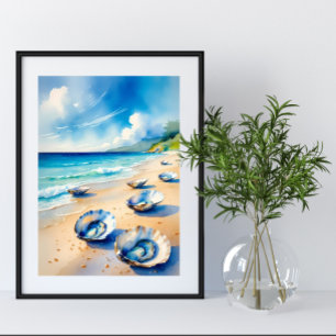 Vibrant Watercolor Oyster Seashell Beach Poster