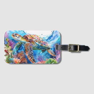 Vibrant Watercolor Sea Turtle Bagagebricka