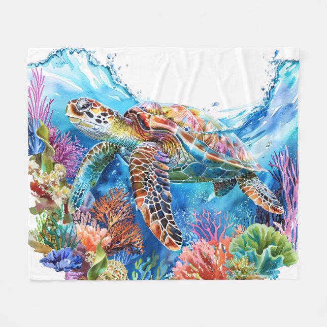 Vibrant Watercolor Sea Turtle Fleecefilt (Framsidan (Horisontell))