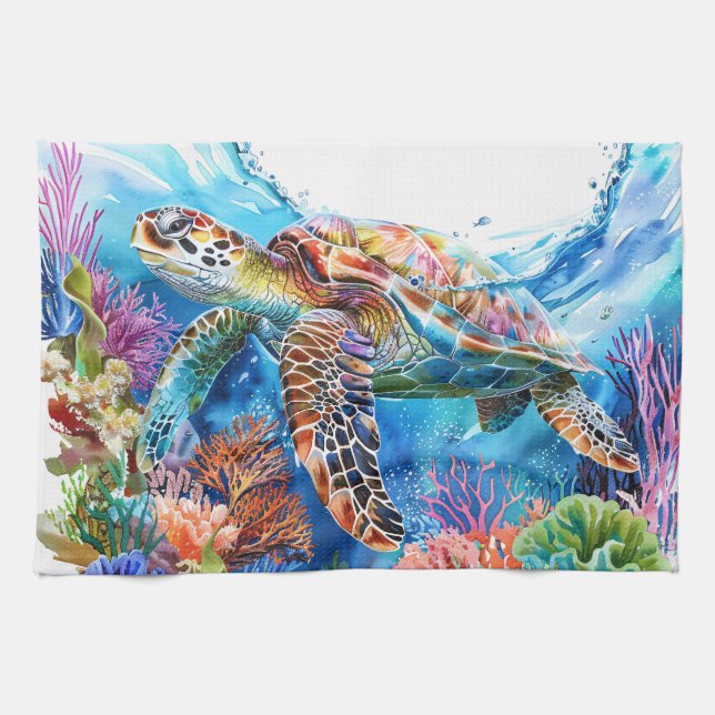 Vibrant Watercolor Sea Turtle Kökshandduk (Horisontell)