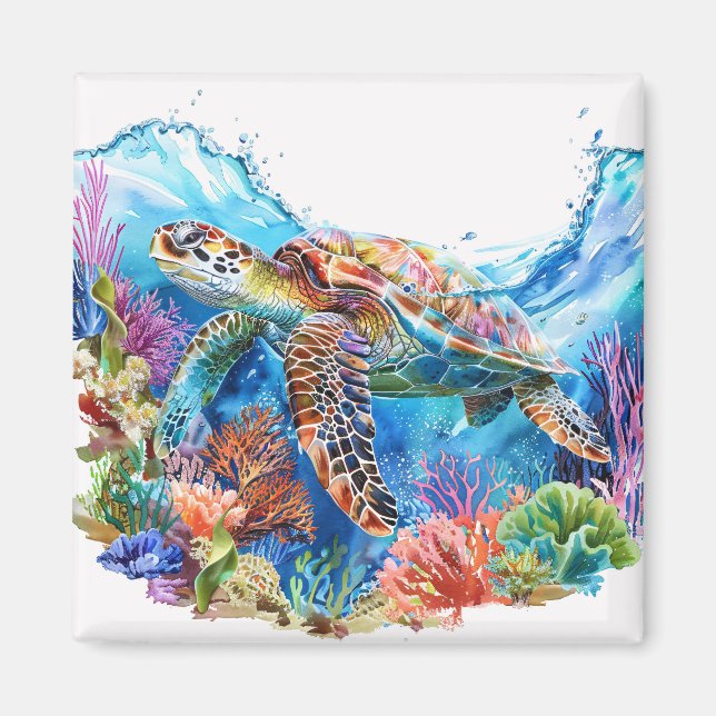 Vibrant Watercolor Sea Turtle Magnet (Framsidan)