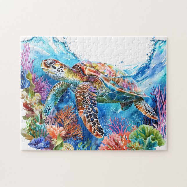 Vibrant Watercolor Sea Turtle Pussel (Horisontell)