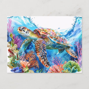 Vibrant Watercolor Sea Turtle Vykort