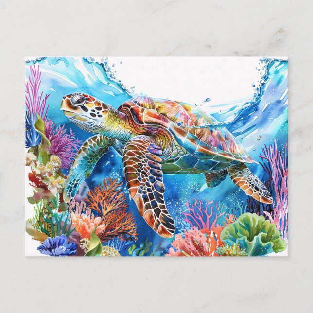 Vibrant Watercolor Sea Turtle Vykort (Framsida)