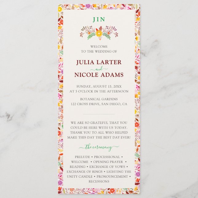 Vibrant Watercolor Summer Tulip Flowers Bröllop Program (Framsida)