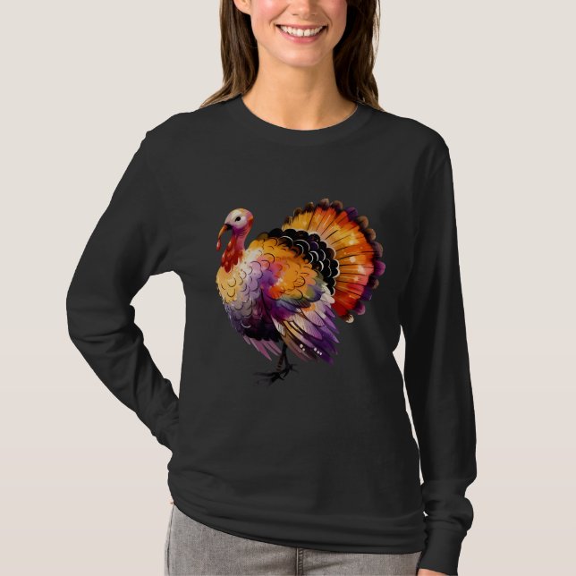 Vibrant Watercolor Turkey Autumn Harvest T Shirt (Framsida)