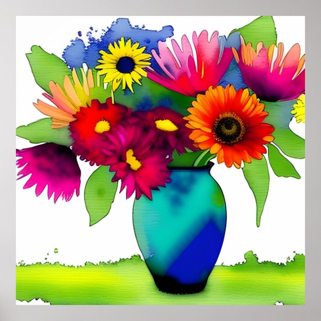 Vibrant Watercolor Vas och Flowers Poster (Framsidan)