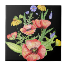 "Vibrant Watercolor Wildblommor on Black Canvas