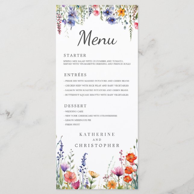 Vibrant Watercolor Wildflowers Elegant Wedding Meny (Framsida)