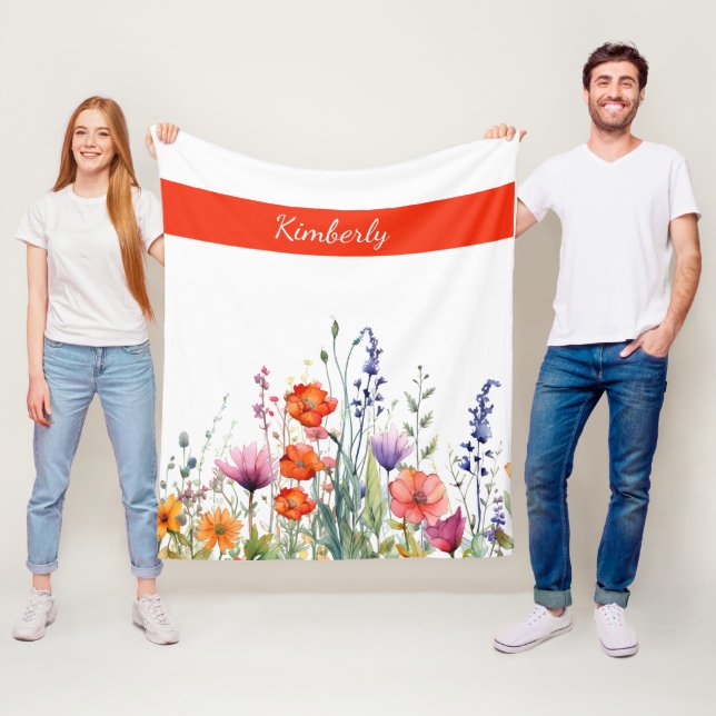 Vibrant Watercolor Wildflowers Personalized Fleecefilt (På plats)