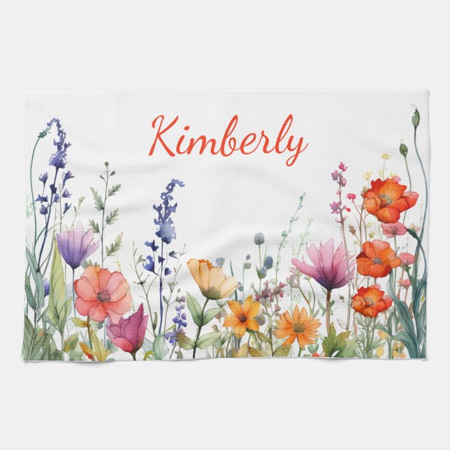 Vibrant Watercolor Wildflowers Personalized Kökshandduk (Horisontell)