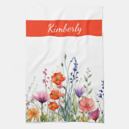 Vibrant Watercolor Wildflowers Personalized Kökshandduk