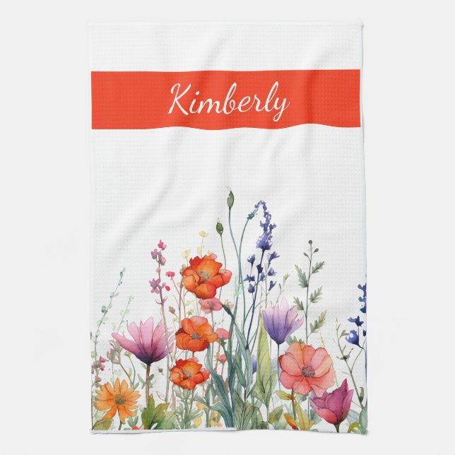 Vibrant Watercolor Wildflowers Personalized Kökshandduk (Vertikal)