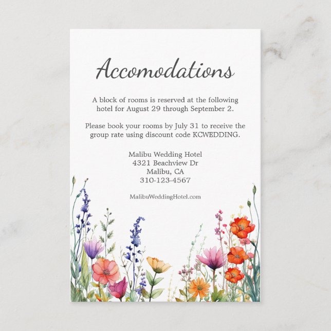 Vibrant Watercolor Wildflowers Wedding Hotel Tilläggskort (Framsida)