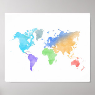 Vibrant Watercolor World Map Poster - Regnbåge