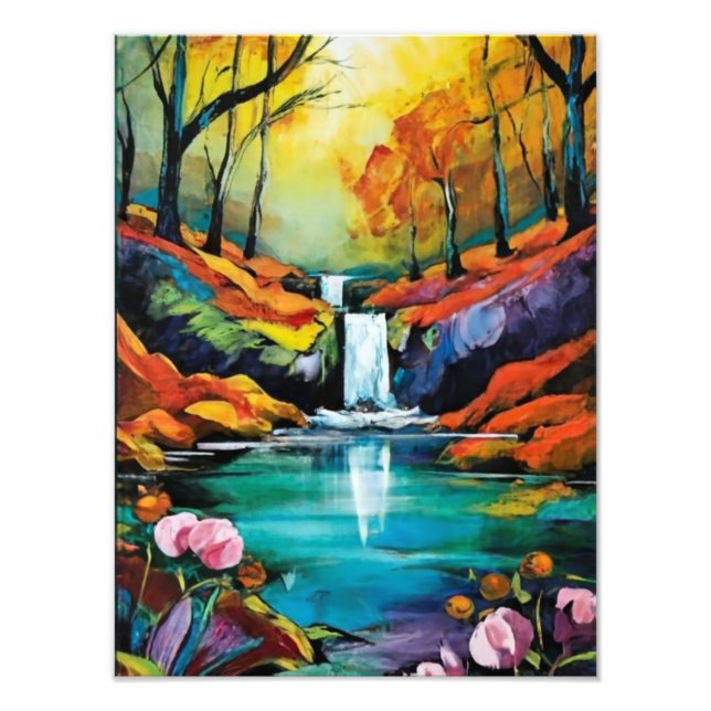 Vibrant Waterfall amidst Lush Greenery Fototryck (Framsidan)