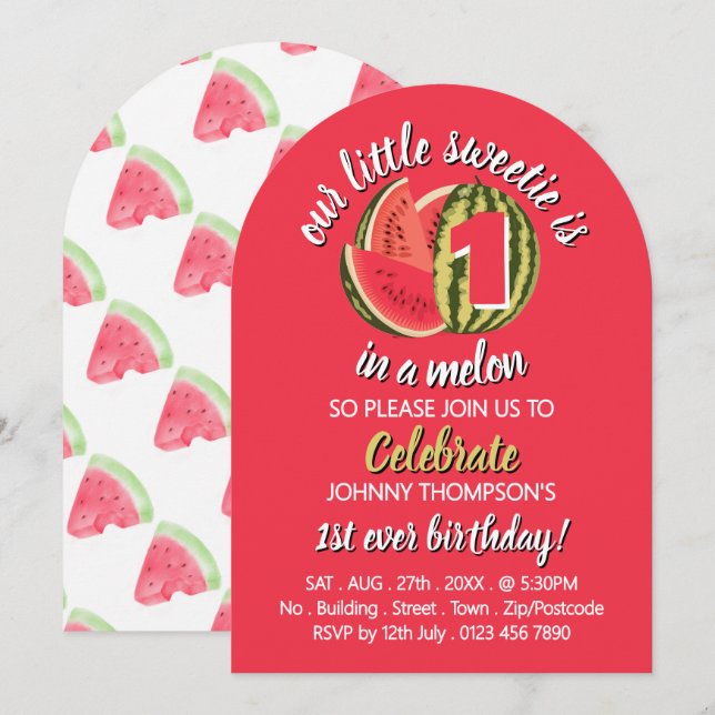 Vibrant Watermelon, en i melon, 1:a födelsedagen Inbjudningar (Fram/baksida)