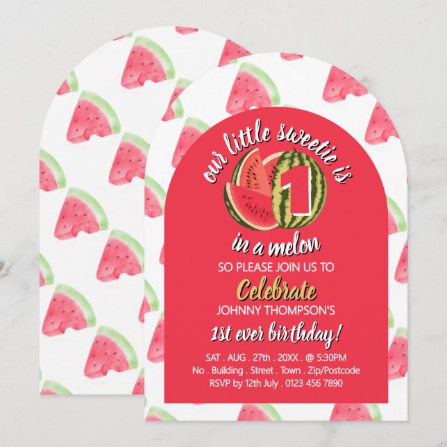 Vibrant Watermelon, en i melon, 1:a födelsedagen Inbjudningar (Fram/baksida)