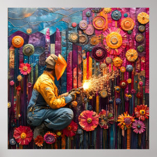Vibrant Welding Art - Welder in Blommigt Industria Poster