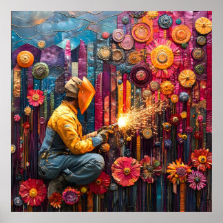 Vibrant Welding Art - Welder in Blommigt Industria Poster