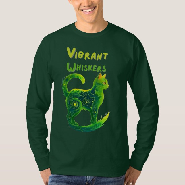 Vibrant whisky: Grönt och Gult Cat Art T Shirt (Framsida)