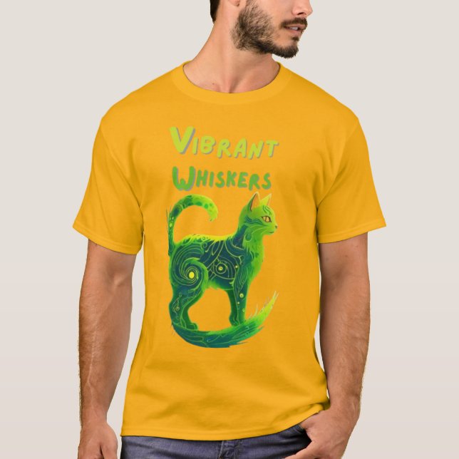 Vibrant whisky: Ljust grönt och Gult Cat Art T Shirt (Framsida)