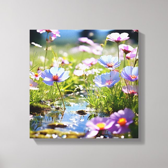 Vibrant Wildblomme Meadow med Stream Canvastryck (Framsida)