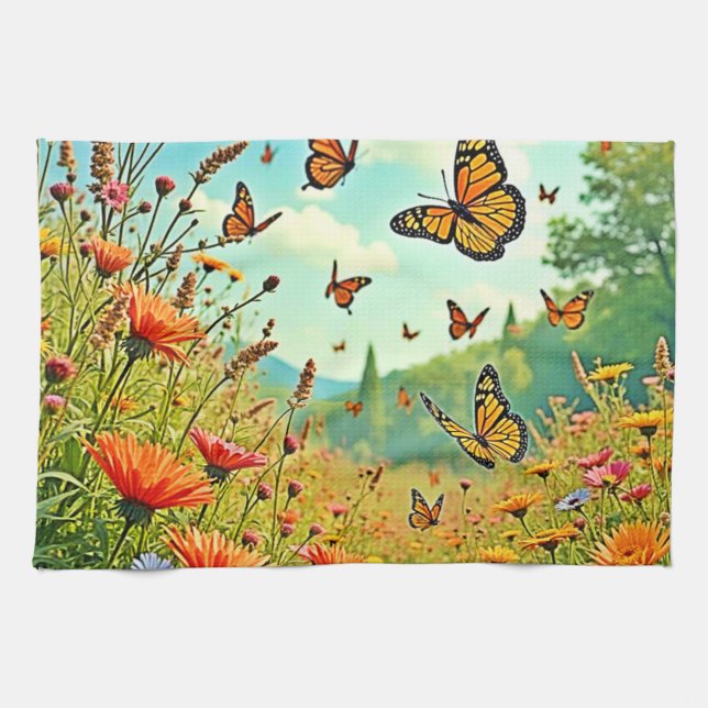 Vibrant Wildblommy Butterfly Joy Design Kökshandduk (Horisontell)