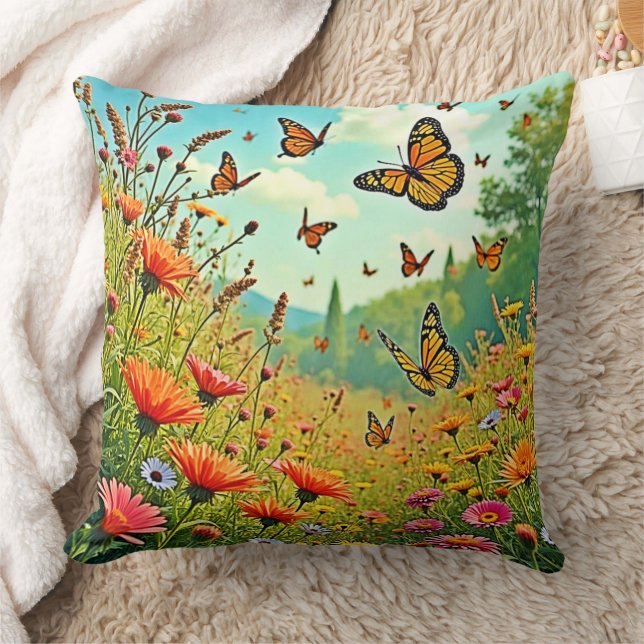 Vibrant Wildblommy Butterfly Joy Design Kudde (Filt)