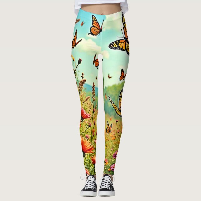 Vibrant Wildblommy Butterfly Joy Design Leggings (Framsida)