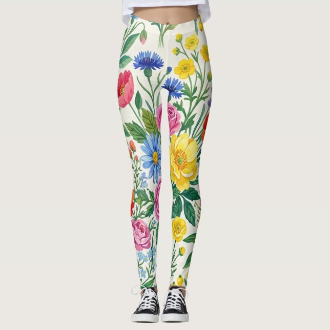 Vibrant Wildflower Meadow Botanical Garden Print Leggings (Framsida)