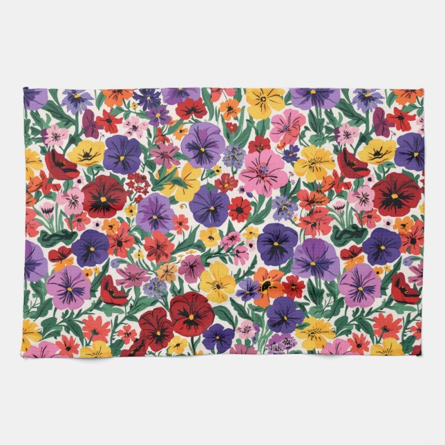 Vibrant Wildflower Pansy Botanical Pattern Kökshandduk (Horisontell)