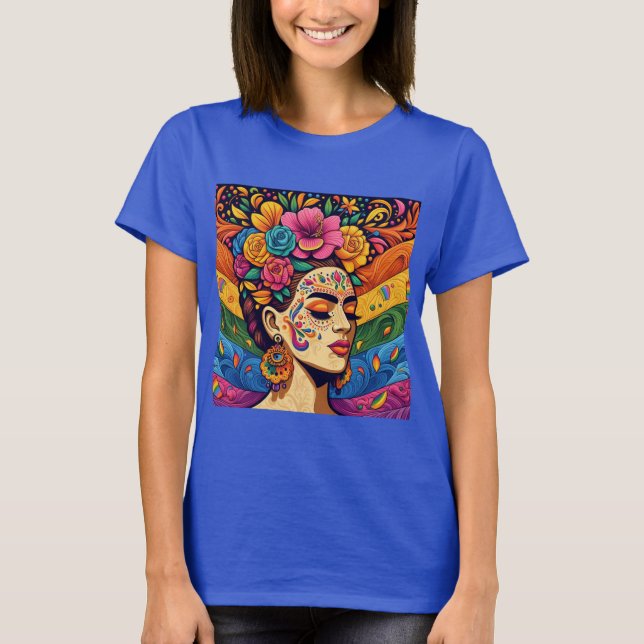 Vibrant Woman med blommor i hår T-Shirt (Framsida)