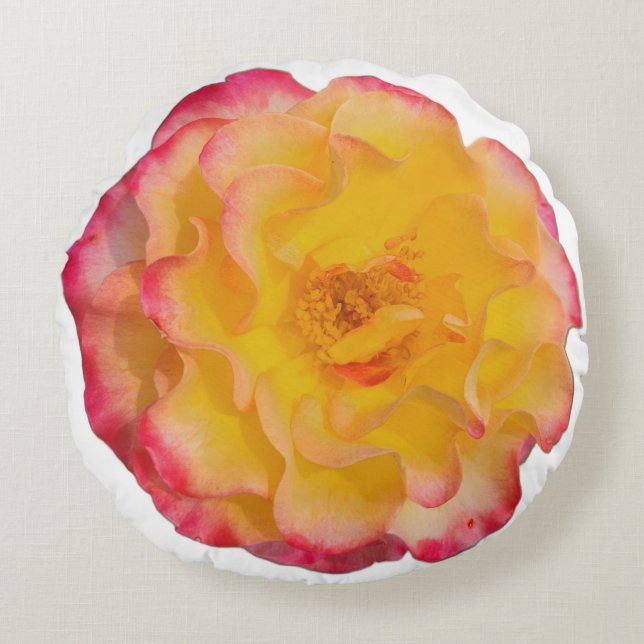 Vibrant Yellow and Pink Rose Round Pillow Rund Kudde (Framsidan)