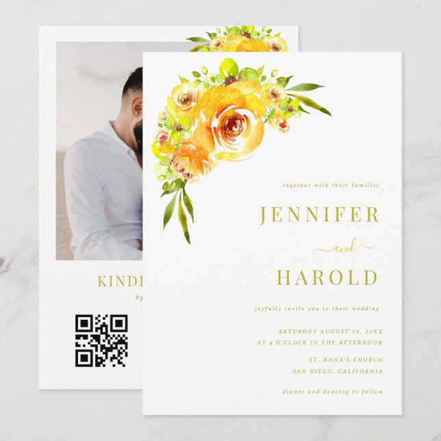 Vibrant Yellow & Green Floral Garden Photo Wedding Inbjudningar (Fram/baksida)