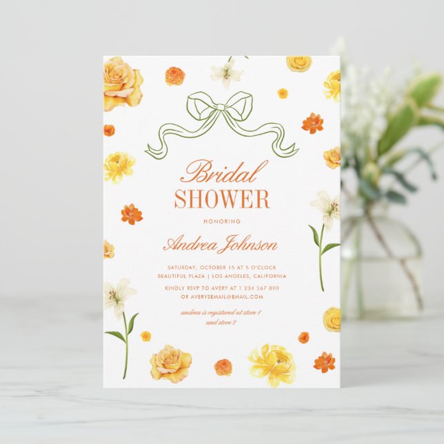 Vibrant Yellow Orange Floral Bow Bridal Shower Inbjudningar (Stående Fram)