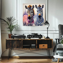 Vibrant Zebra Duo Watercolor Pointillism Art Poster