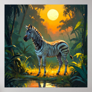 Vibrant Zebra i Jungle med solnedtryckning Poster