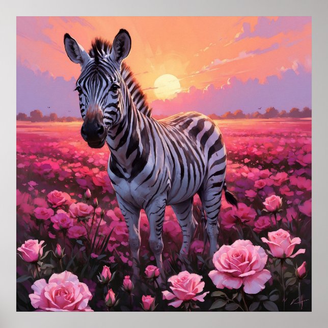 Vibrant Zebra i Rosa ros Fält Painting Poster (Framsidan)