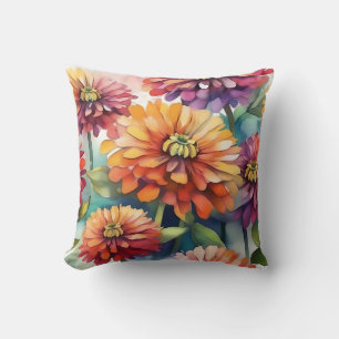 Vibrant Zinnia Blooms Abstrakt Vattenfärg Kudde