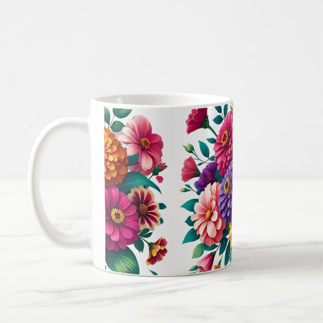 Vibrant Zinnias och Cosmos Blommigt Design Kaffemugg (Vänster)